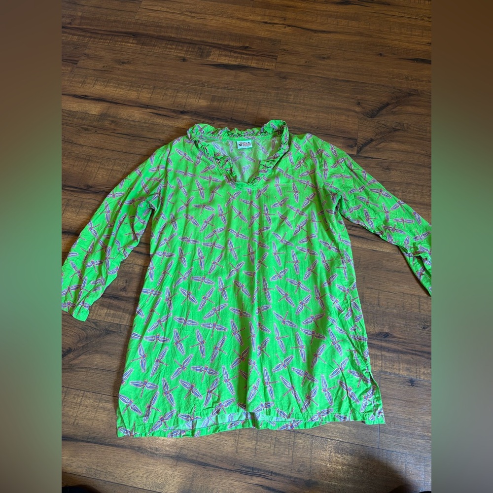 Haley And The Hound Tunic Shirt Blouse Green Pink Dragonfly Women’s Large
